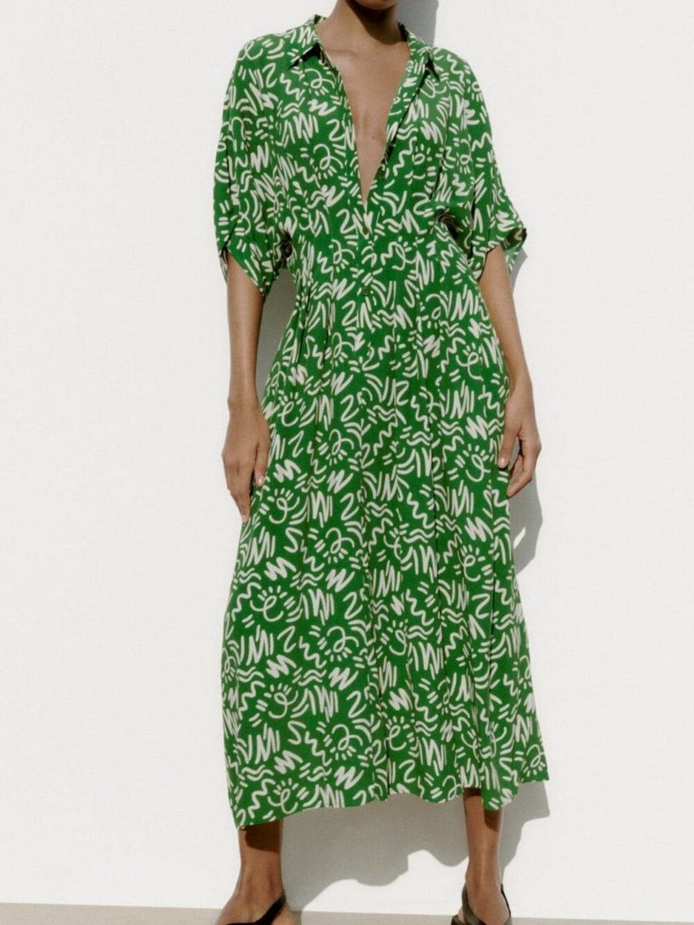 Zara Button Up Squiggle Print Green Pin Tuck Midi Dress Vacation Dolman Size XXL